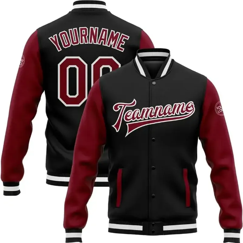 Illustration of a varsity jacket: red and black body with a striped ribbed collar and cuffs