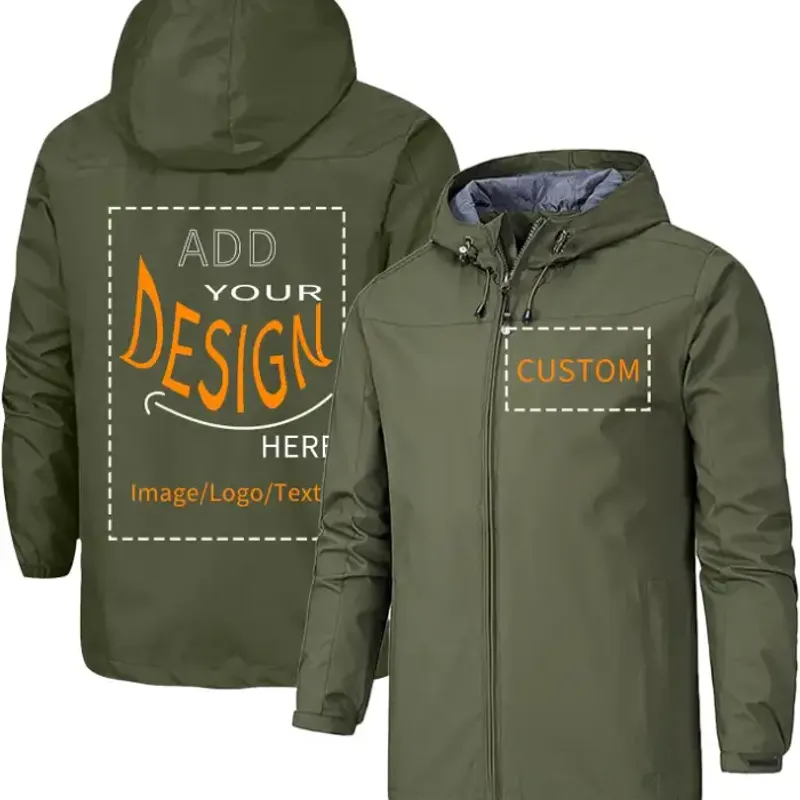 Illustration of an olive-green waterproof jacket seen front and back, with taped seams and an adjustable hood