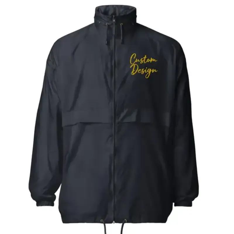 Illustration of a black windbreaker jacket with a contrast zip and a chest logo