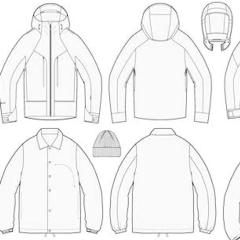 Technical flat sketches of several jacket silhouettes — hooded shells, a quilted style and a button-front coat