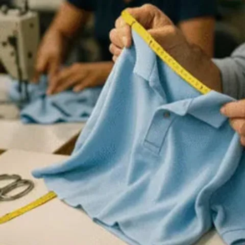 Fitter measuring a folded garment with a tape measure at a cutting table