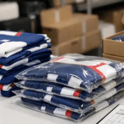 Polybagged garments stacked beside open kraft cartons on the packing line