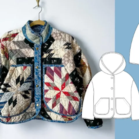 Finished quilted patchwork jacket hanging beside flat pattern sketches of jacket fronts