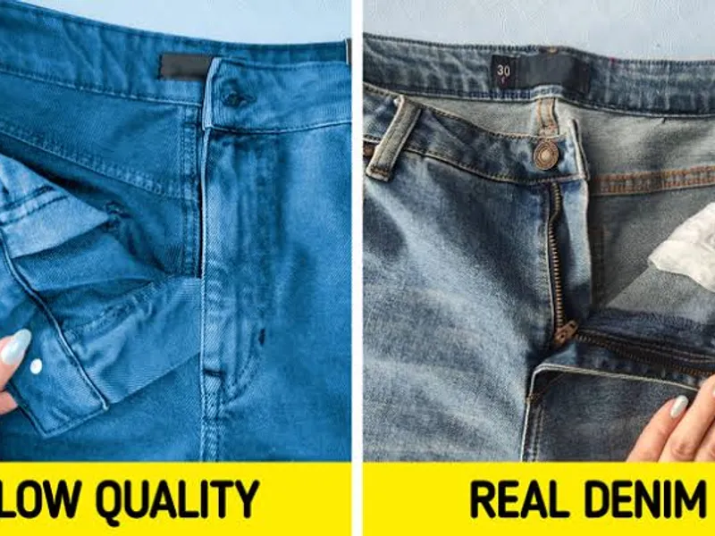 A low-quality versus real-denim waistband comparison