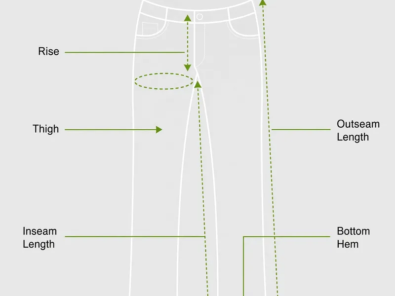 Jeans length measurement diagram: rise, thigh, inseam, outseam and bottom hem