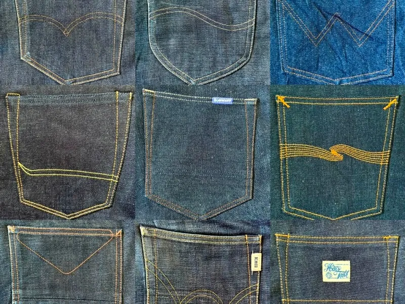 A grid of nine different denim back-pocket designs