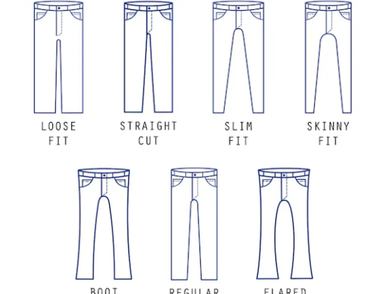 Line drawing of seven jeans silhouettes — loose fit, straight cut, slim fit, skinny fit, boot cut, regular fit and flared leg