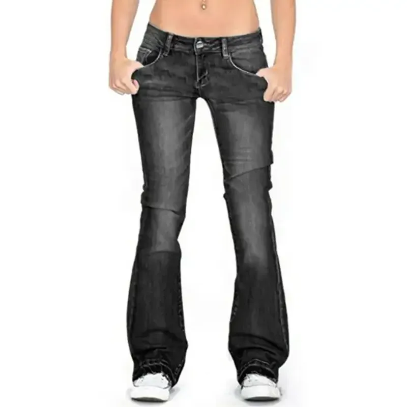 Black low-rise jeans on a model