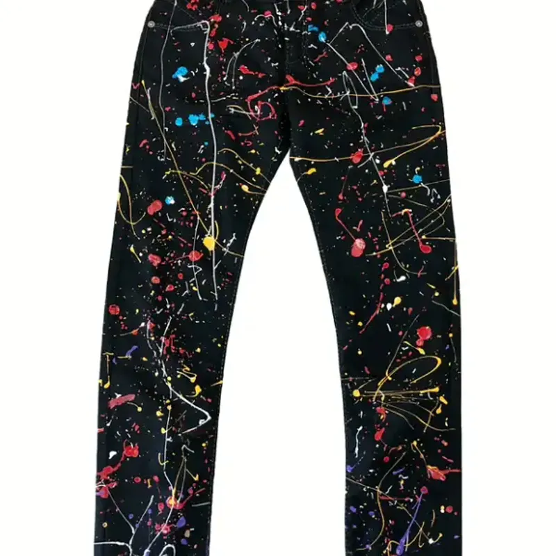 Black jeans with a colour paint-splatter print