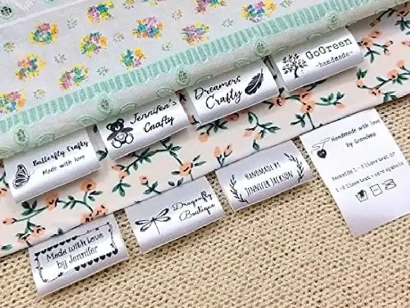 Satin care and brand labels in a range of colours