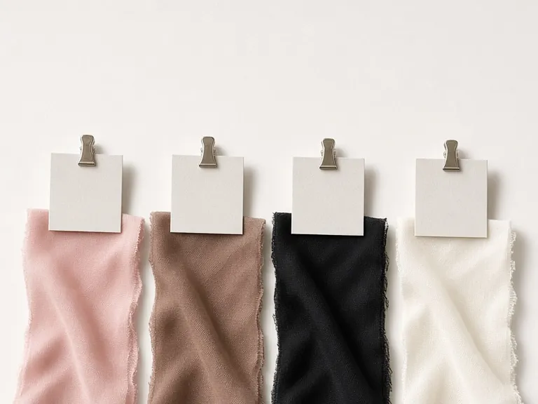 Dyed swatches in pink, mocha, black and ivory, each clipped up with a label