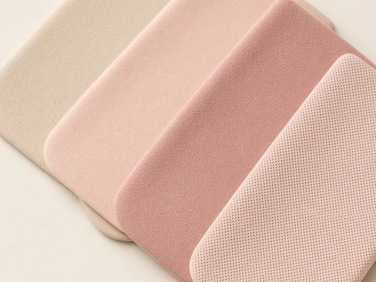 Four folded cloth swatches stacked in a diagonal row, the last a pink mesh