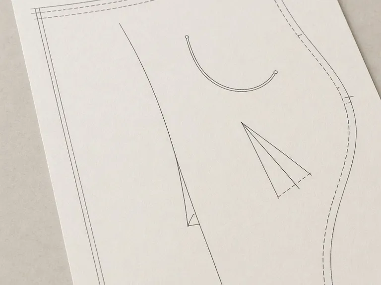 Paper bra pattern piece marked with a dart and a wire line, a ruler beside it