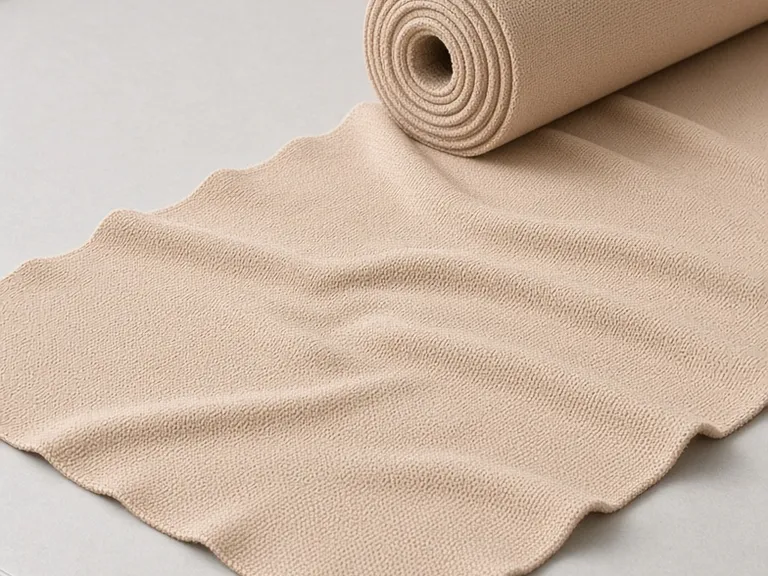 Rolled bolt of beige knit unrolled across a cutting table