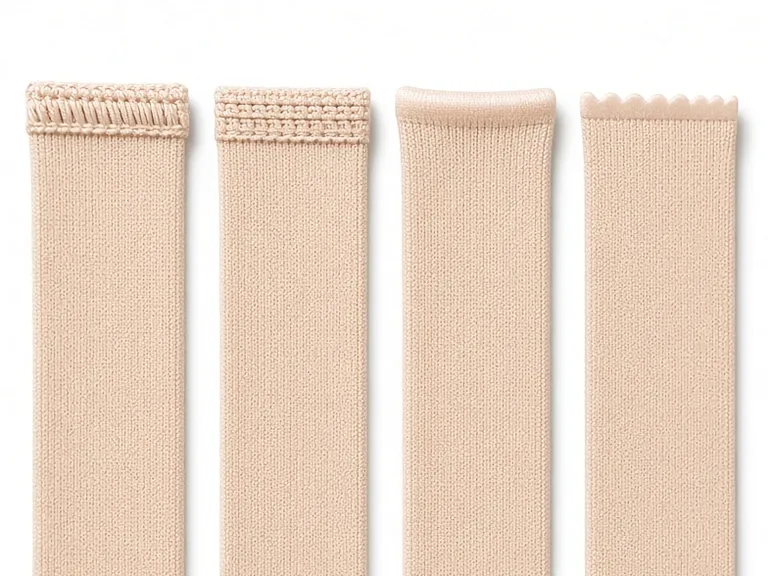 Edge finishes compared on four knit strips: overlocked, flatlocked, bonded and laser-cut