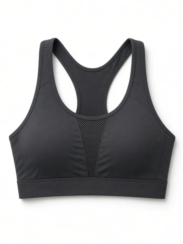 Black racerback sports bra with a mesh centre panel, laid flat