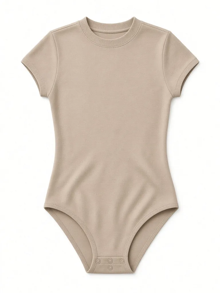 Taupe knit bodysuit laid flat with its snap gusset open