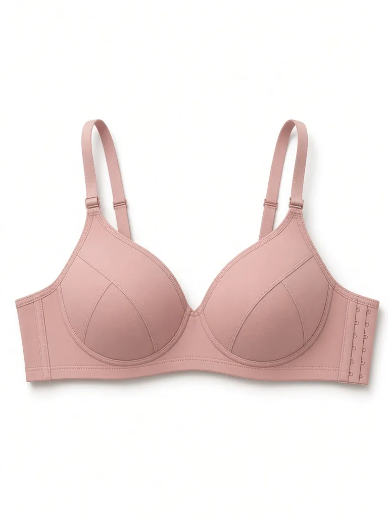Rose-pink moulded-cup bra with underwiring, photographed flat
