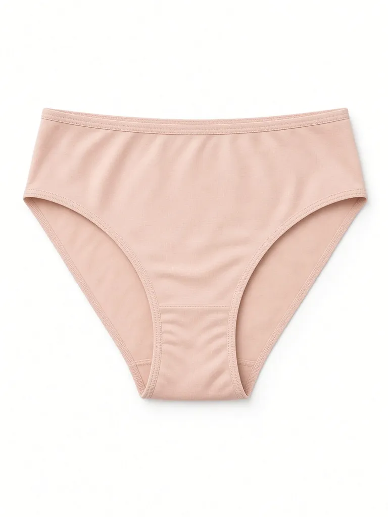 One blush cotton brief laid flat, its gusset marked by a seam