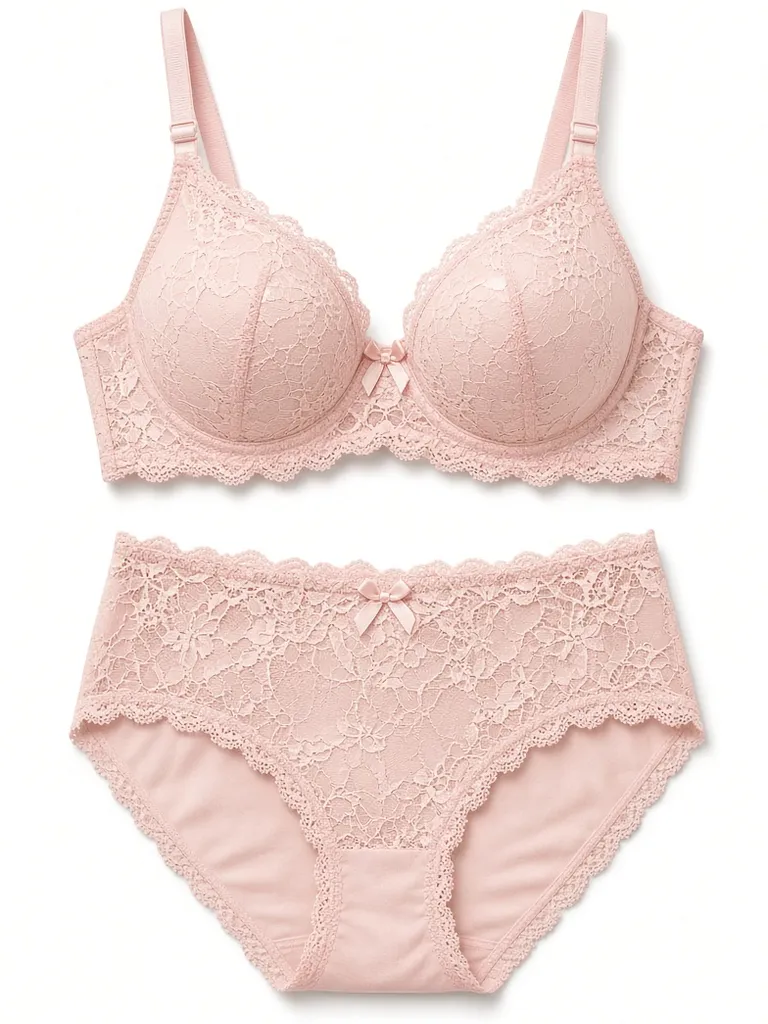 Lace bra and matching brief in blush pink, laid flat