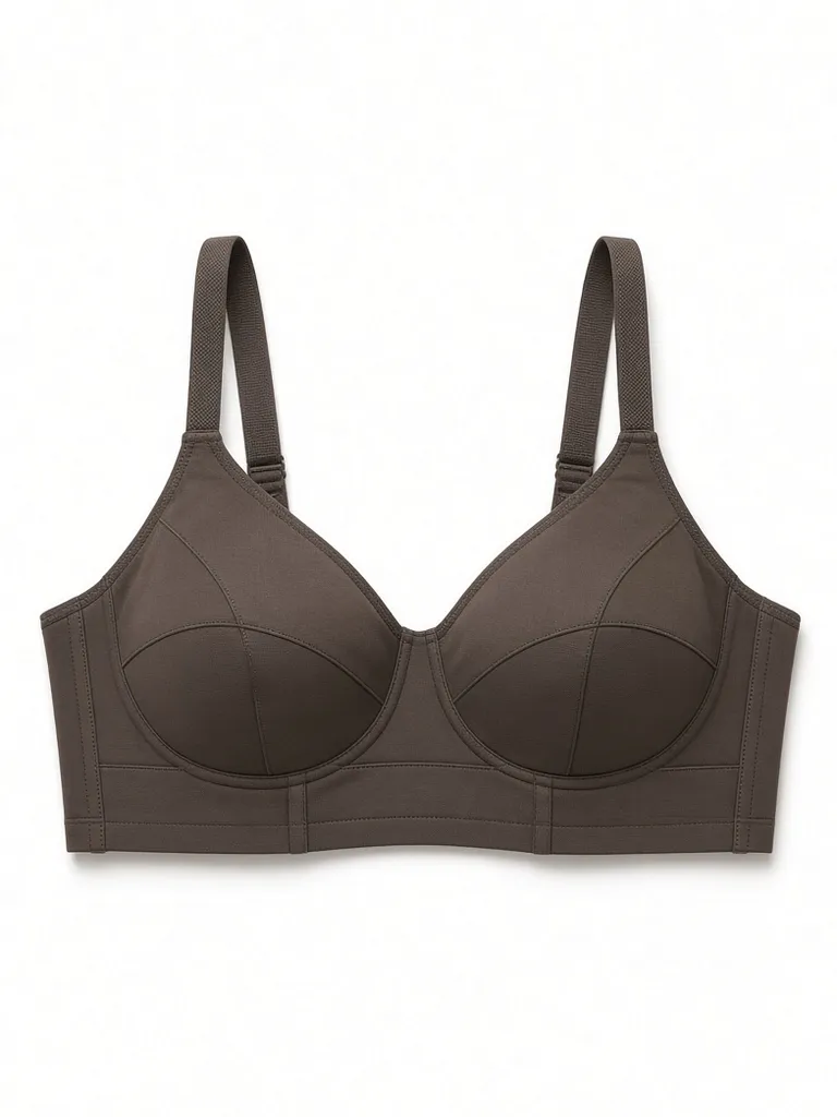 Full-bust bra with three-part cups and a wide underband, laid flat