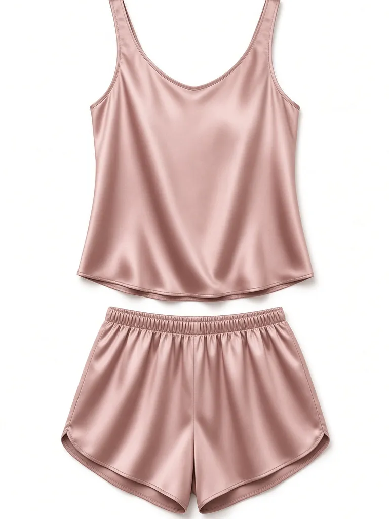 Dusty-pink satin camisole stacked above matching shorts