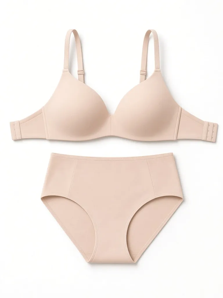 Seamless moulded-cup bra above its matching brief, both laid flat