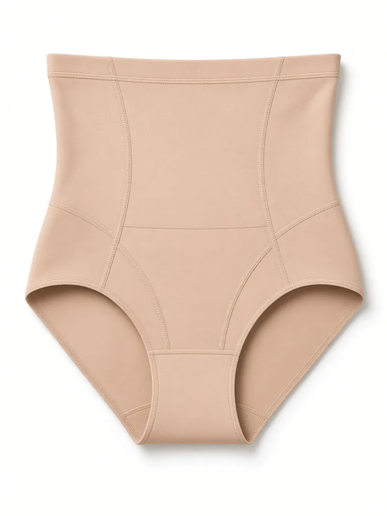 High-waisted shaping brief with panel seams, laid flat