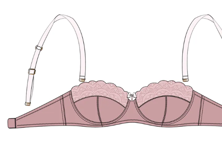 A flat technical drawing of an underwired bra, both cups and the strap fittings marked