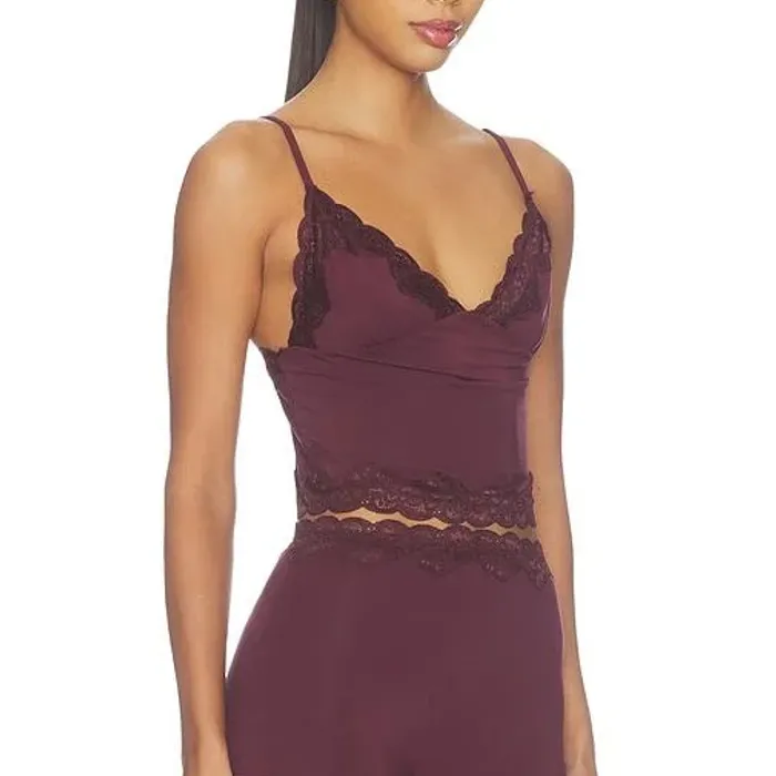 A maroon lace-trimmed camisole set