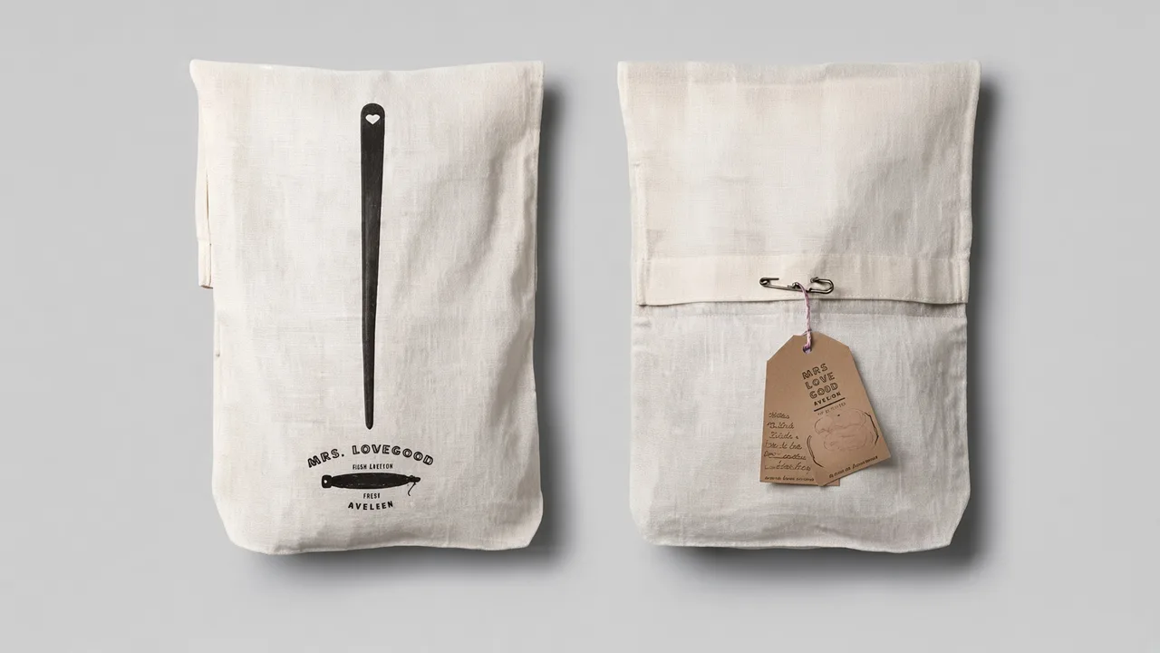 Two natural canvas drawstring bags with a kraft tag, hung against a white ground