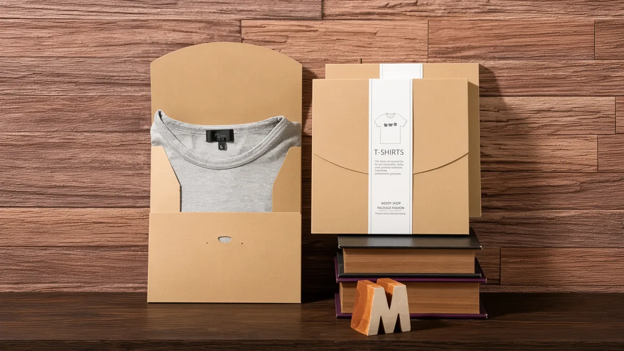 A kraft board box holding a folded grey sweatshirt beside stacked natural cartons