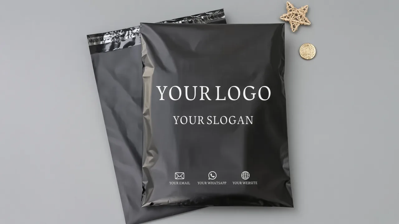 Black poly mailer bags printed in white with a logo and a slogan across the face