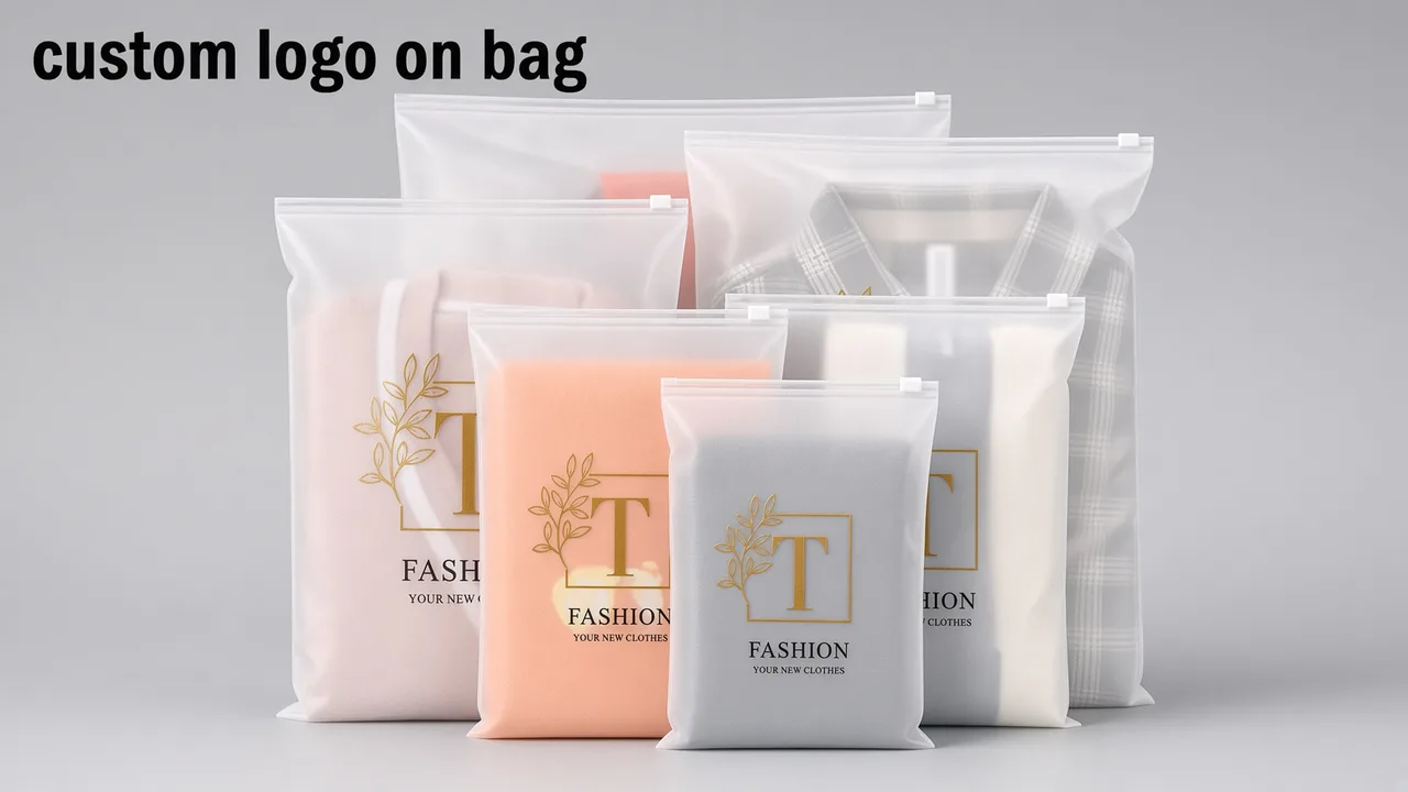 Frosted and clear poly bags each printed with the same brand mark, ranged on a pale ground