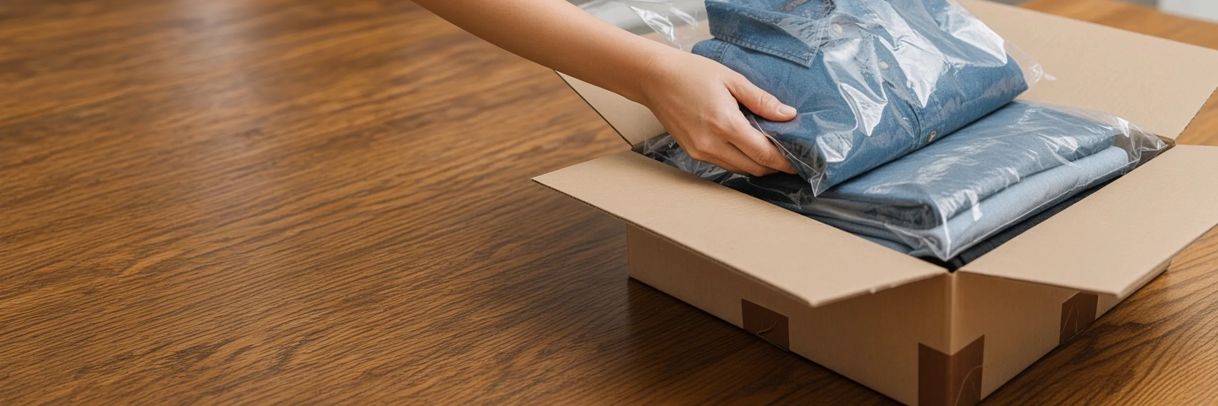 Packing a folded denim shirt in a clear poly bag into a kraft carton on a wooden bench