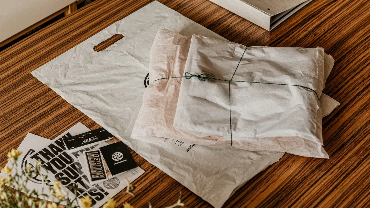 Kraft paper wraps a flat parcel tied with twine, laid on a wooden board