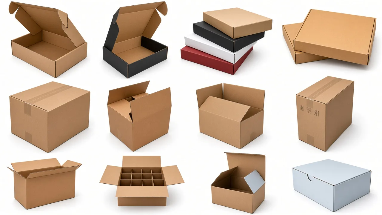Open and closed kraft cartons spread across a grid, from shallow trays to deep boxes