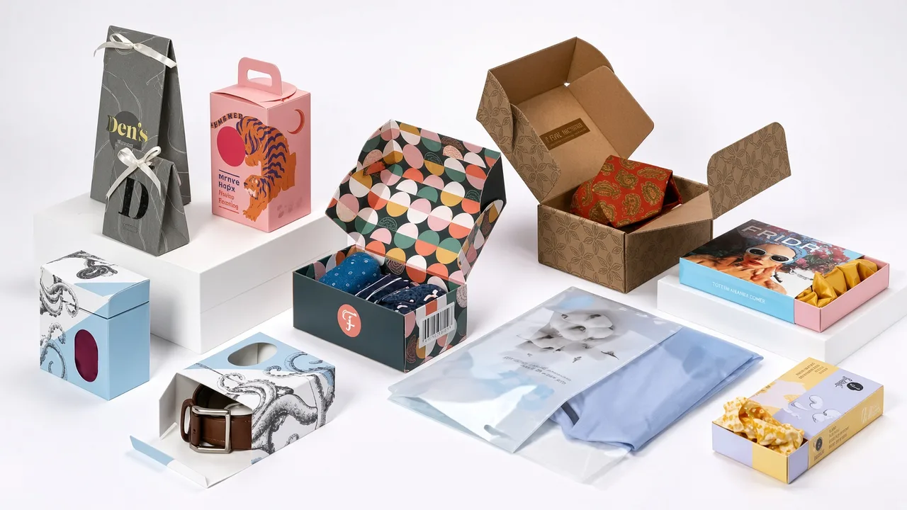 Gift boxes and handled bags in assorted shapes and printed colours on a pale surface