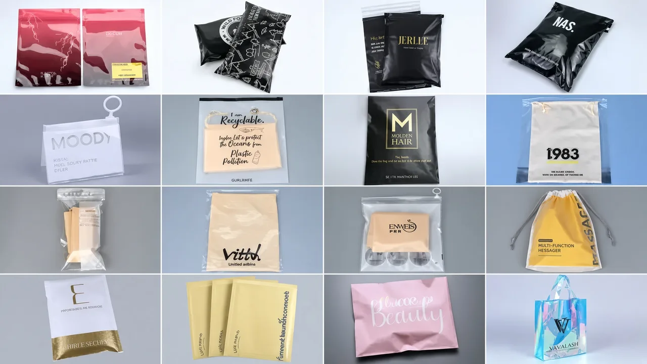 Samples of film, kraft board and cloth packs laid out as a grid in several colours