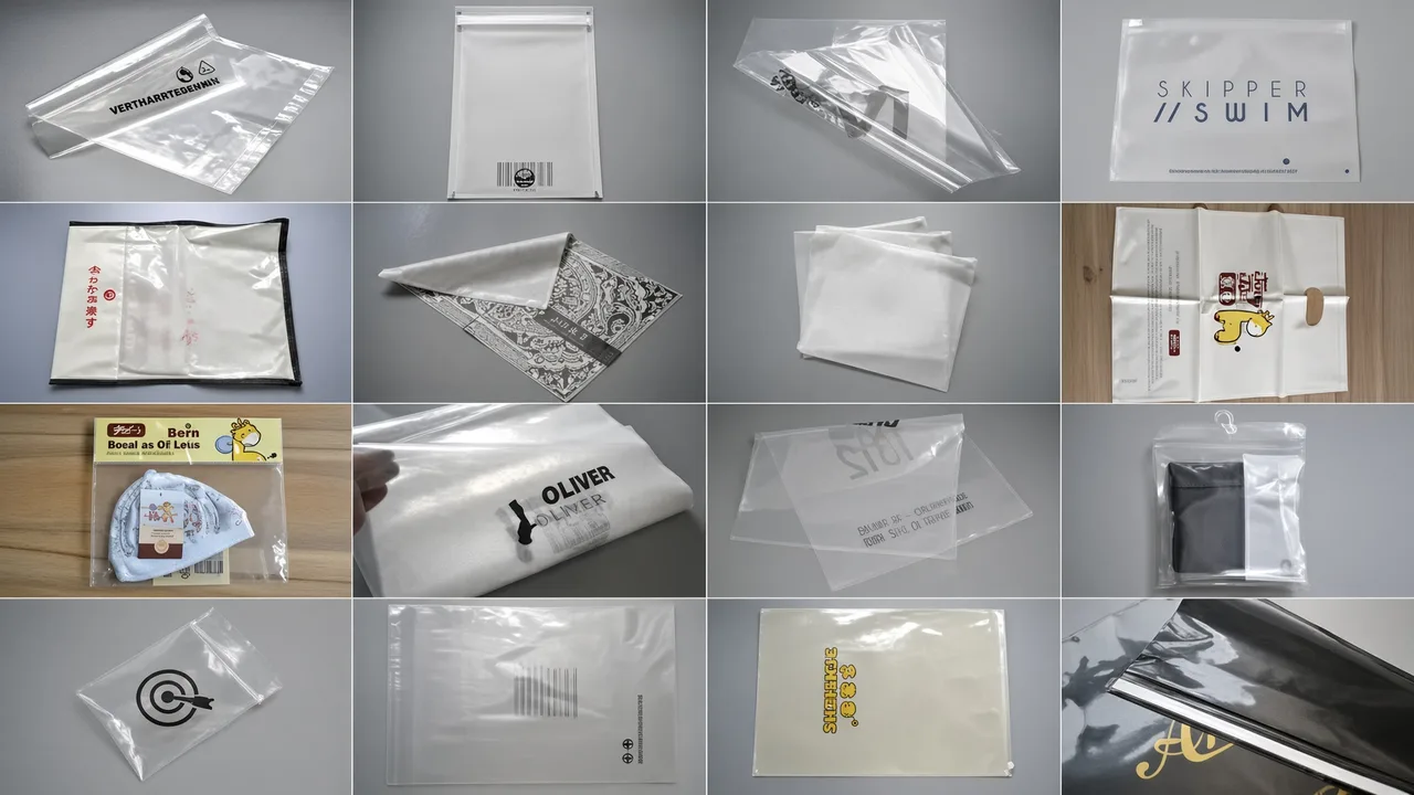 Clear poly bags carrying different logos, each printed at its own size and placement