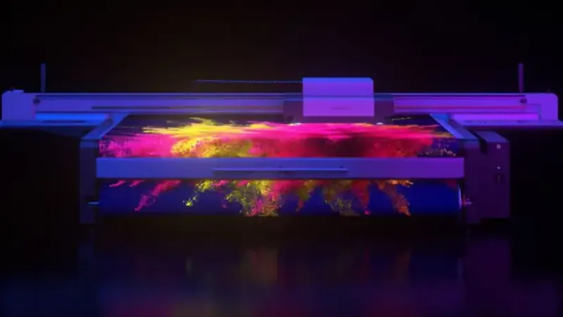 A printing screen carrying vivid fluorescent pink ink in a dark studio