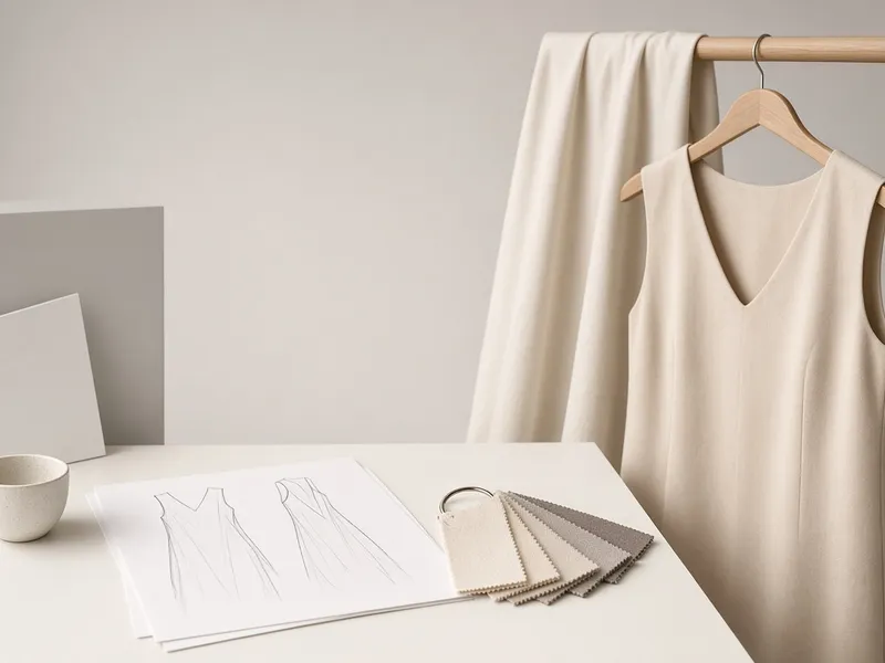 Line sketches and fabric swatches on an atelier table — the brief stage