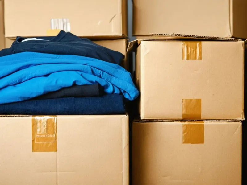 Folded garments packed onto shipping cartons — the produce and ship stage