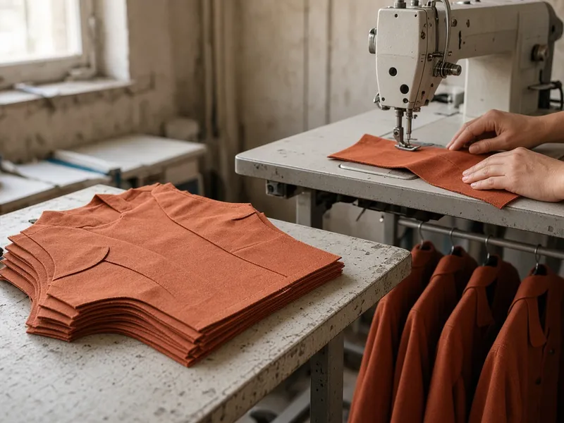 Cut jacket panels stacked beside a sewer at an industrial machine