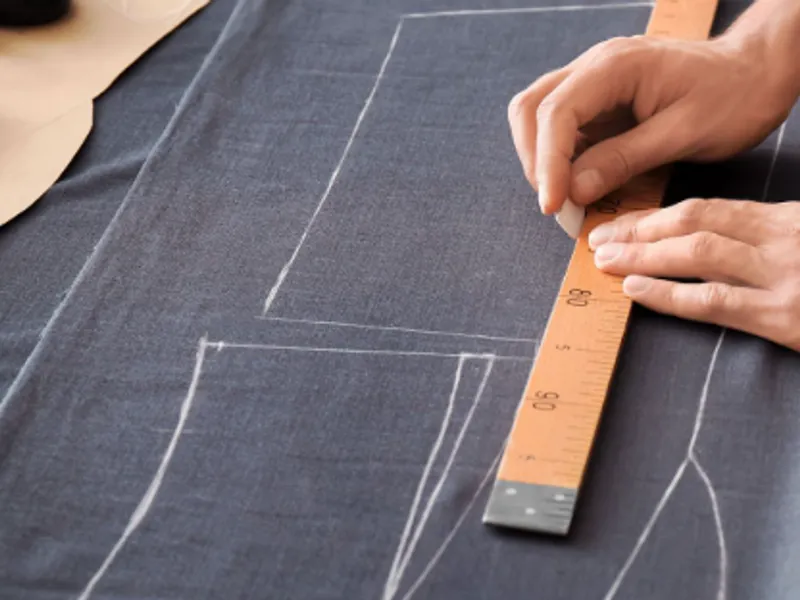 Chalk and a tape measure marking a trouser block onto cloth
