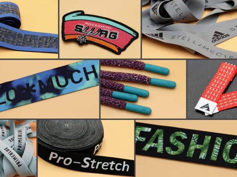 Woven labels, drawcords and branded elastics laid out for selection