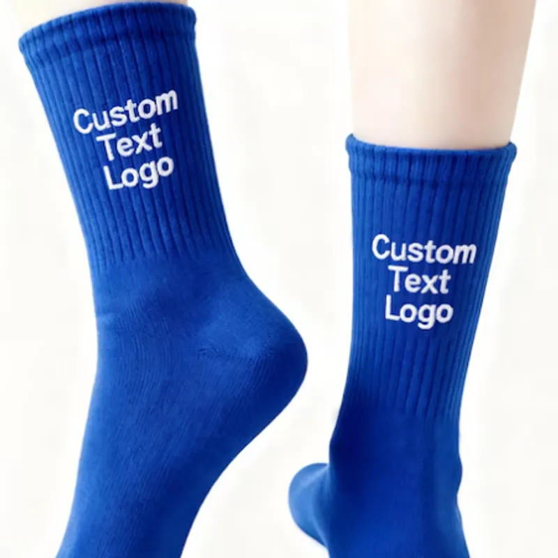 Blue ribbed socks carrying a placeholder Custom Text Logo block on the cuff