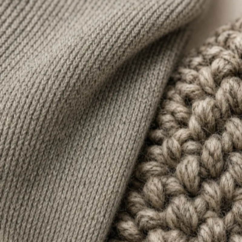 Fine flat knit beside a chunky cable knit, both in undyed grey