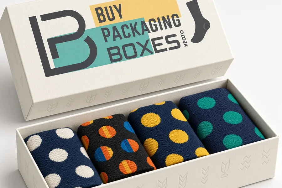 Rigid white box open on four folded polka-dot socks, its lid propped behind