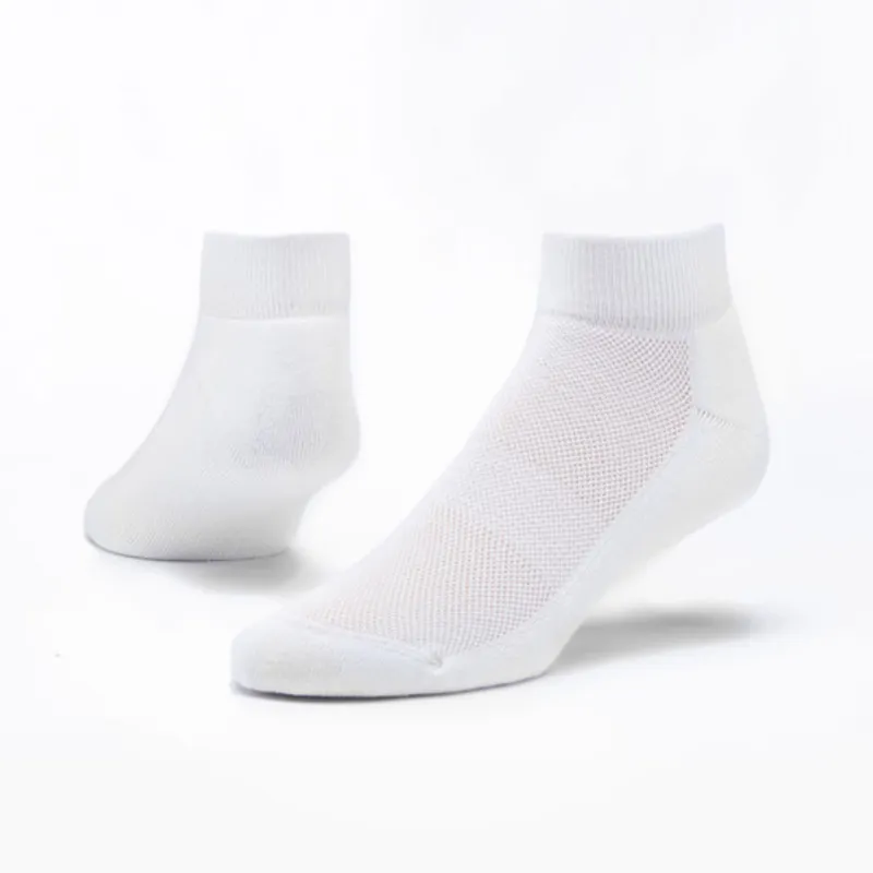 White ankle socks in a pair, the front one showing a mesh-vent top